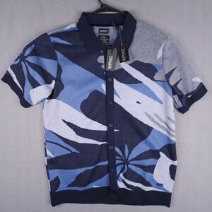 Buffalo David Bitton Wyneson Knit Polo Mens Large Navy Blue Abstract Floral NWT
